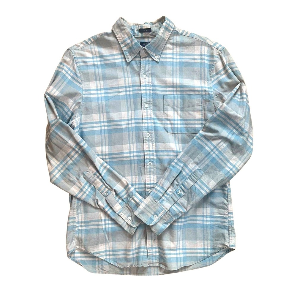 J.Crew‎ Flex Oxford Slim Fit Button Down Shirt | Blue Tan Plaid | Men's Large